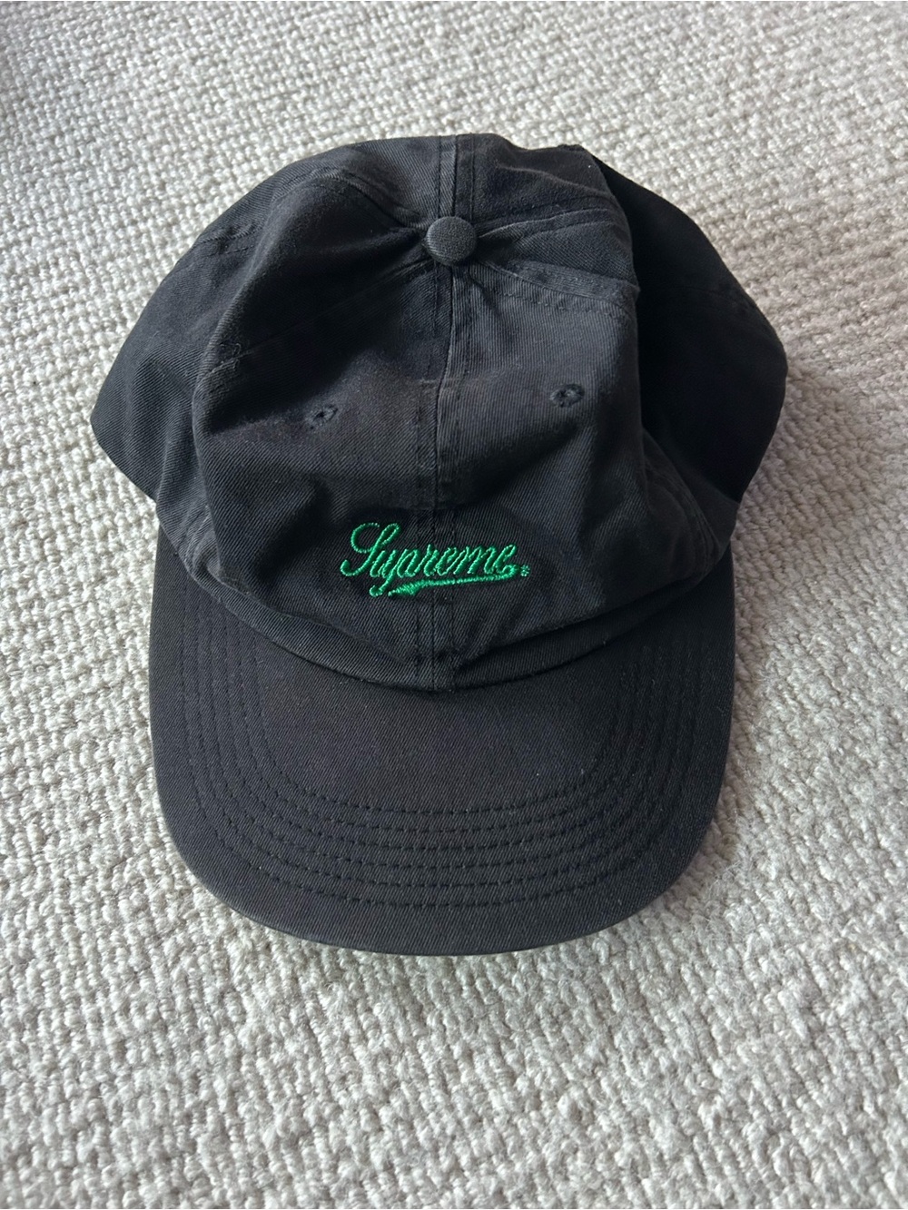 Supreme Black Cap with Green Script Embroidery